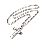 304 Stainless Steel Cross with Tree of Life Pendant Necklaces, Curb Chain Necklace with Lobster Clasps, Stainless Steel Color, 17-1/2 inch(44.5cm)(NJEW-M197-02P)