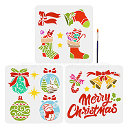 US 3Pcs 3 Styles Christmas PET Hollow Out Drawing Painting Stencils, with 1Pc Art Paint Brushes, Christmas Bell, Stencils: 300x300mm, 1pc/style; Brushes: 16.9x0.5cm(DIY-MA0001-70B)