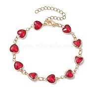 Heart K9 Glass & 304 Stainless Steel Link Bracelets for Women, Golden, Red, 7-1/8x3/8 inch(18x0.85cm)(BJEW-JB10612)