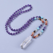 Natural Amethyst Pendant Necklace, with Quartz Crystal Pendant and Brass Findings, 28.3 inch(72cm), beads: 4~6.5mm, pendant: 57~63x13~17x14~16mm(NJEW-I109-C02)