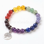 Chakra Jewelry, Natural Mixed Stone Beads Charm Bracelets, with Alloy Findings, Flat Round with Tree, 2-1/8 inch(5.5cm), Pendant: 20x15x2mm(BJEW-JB03727-02)