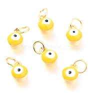 Brass Enamel Pendants, Long-Lasting Plated, Real 18K Gold Plated, with Jump Rings, Column with Evil Eye, Yellow, 8x5.5x4.5mm,Jump Ring: 5x0.6mm, 3mm inner diameter(KK-Y001-02A-10G)