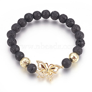 Stretch Bracelets, with Long-Lasting Plated Electroplated Natural Lava Rock, Natural Lava Rock and Brass Cubic Zirconia Beads, Butterfly, Golden, 2-1/4 inch(5.6cm)(X-BJEW-G601-12G)