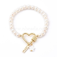 Brass Heart Link Bracelets for Valentine's Day, with Natural Pearl & Shell Beads, Rectangle with Word Love, Star, Golden, White, Golden, Inner Diameter: 2-1/4 inch(5.6cm)(BJEW-JB05954)