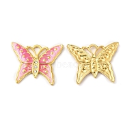 Real 18K Gold Plated 304 Stainless Steel Rhinestone Pendants, with Enamel, Butterfly Charms, Hot Pink, 20x24.5x2mm, Hole: 3x2mm(STAS-A084-24G-02)