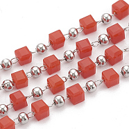 Handmade Glass Beaded Chains, Soldered, with Spool, 304 Stainless Steel Findings and Iron Beads, Cube, Stainless Steel Color, Red, 3mm, about 32.8 Feet(10m)/roll(CHS-S002-04)