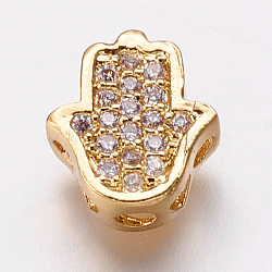 Brass Cubic Zirconia Beads, Hamsa Hand/Hand of Fatima/Hand of Miriam, Clear, Golden, 9.5x8.5x4mm, Hole: 2mm(KK-P134-05G)