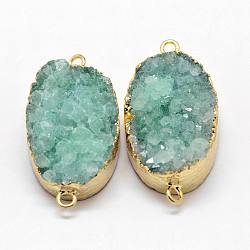 Electroplated Natural & Dyed Druzy Agate Links connectors, with Golden Plated Brass Findings, Oval, Aqua, 30~42x15~27x9~12mm, Hole: 2mm(G-N0168-018B)