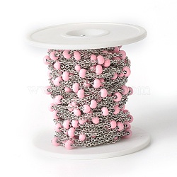 304 Stainless Steel Cable Chains, Satellite Chains, with Enamel, Soldered, with Spool, Flat Oval, Pink, 2.4x2x0.4mm, Beads: 4mm, about 32.8 Feet(10m)/roll(CHS-E016-01I)