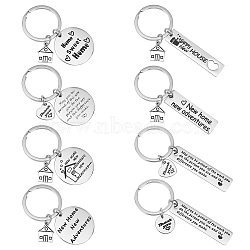 PandaHall Elite 8Pcs 8 Style 304 Stainless Steel Lettering Keychains, Teachers' Day Theme, with Word, Flat Round & House & Heart & Rectangle, Stainless Steel Color, 6~8cm, 1pc/style(KEYC-PH0001-57)