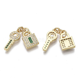 Brass Micro Pave Cubic Zirconia Pendants, with Enamel and Jump Rings, Nickel Free, Lock & Key, Real 16K Gold Plated, Green, Lock: 11x8x2.5mm, Key: 16x6.5x2mm, Hole: 3mm(ZIRC-S067-045A-NF)