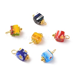 Handmade Millefiori Glass Charms, with Alloy Spacer Beads and Brass Ball Head Pins, Cube, Golden, Mixed Color, 12x6mm, Hole: 3mm(PALLOY-JF00554)
