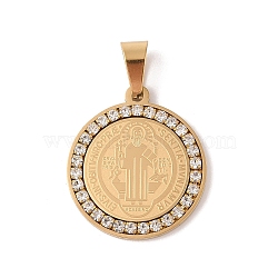 PVD Vacuum Plating 304 Stainless Steel Rhinestone Pendants, Flat Round with Cssml Ndsmd Cross God Father Religious Christianity Charm, Golden, 28x25x2.5mm, Hole: 6x3mm(STAS-M068-13C-G)