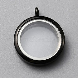 304 Stainless Steel Locket Pendants, with Glass, DIY Accessories for Jewelry Pendant Making, Flat Round Charm, Electrophoresis Black, 36x29.5x7mm, Hole: 5mm(FIND-WH0032-58C-EB)