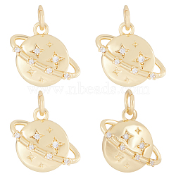 Brass Micro Pave Clear Cubic Zirconia Universe Space Charms, with Jump Rings, Planet Charm, Golden, 12.5x15x3.5mm, Hole: 3.5mm, 6pcs/box(ZIRC-BBC0001-77)
