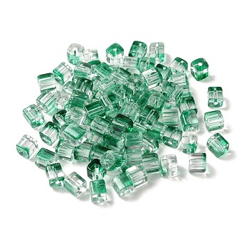 Two Tone Transparent Glass Beads, Cube, Medium Sea Green, 6x6x7mm, Hole: 1.4mm