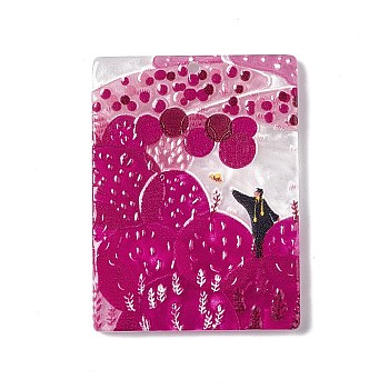 Embossed Printed Acrylic Pendants, Rectangle Charms with Scenery Pattern, Pink, 41.5x31x2.7mm, Hole: 1.6mm