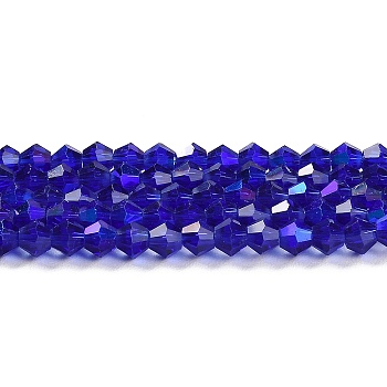 Transparent Electroplate Glass Beads Strands, AB Color Plated, Faceted, Bicone, Dark Blue, 4x4mm, Hole: 0.8mm, about 87~98pcs/strand, 12.76~14.61 inch(32.4~37.1cm)