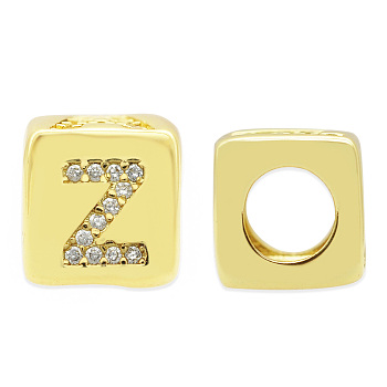 Brass Micro Pave Clear Cubic Zirconia European Beads, Cube with Letter, Letter.Z, 8.5x8.5x8.5mm, Hole: 5mm, 3pcs/bag