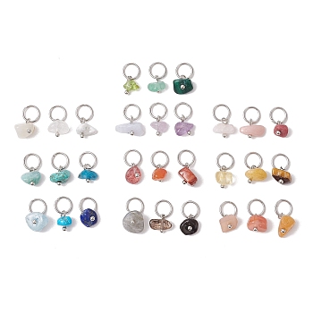 30Pcs 30 Styles Natural & Synthetic Mixed Gemstone Chip Charms, with 304 Stainless Steel Jump Rings, Stainless Steel Color, 8x6~11x4mm, Hole: 5.4mm, 1pc/style