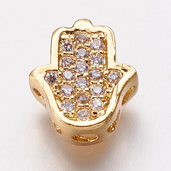 Brass Cubic Zirconia Beads, Hamsa Hand/Hand of Fatima/Hand of Miriam, Clear, Golden, 9.5x8.5x4mm, Hole: 2mm