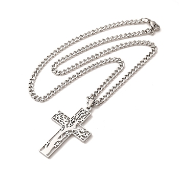 304 Stainless Steel Cross with Tree of Life Pendant Necklaces, Curb Chain Necklace with Lobster Clasps, Stainless Steel Color, 17-1/2 inch(44.5cm)