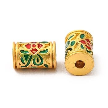 Alloy Enamel Beads, Rack Plating, Column with Flower Pattern, Green & Red, Matte Gold Color, 9x6mm, Hole: 2mm