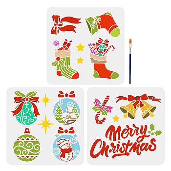 US 3Pcs 3 Styles Christmas PET Hollow Out Drawing Painting Stencils, with 1Pc Art Paint Brushes, Christmas Bell, Stencils: 300x300mm, 1pc/style; Brushes: 16.9x0.5cm