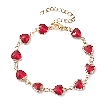 Heart K9 Glass & 304 Stainless Steel Link Bracelets for Women, Golden, Red, 7-1/8x3/8 inch(18x0.85cm)