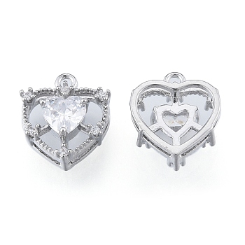 Brass Micro Pave Clear Cubic Zirconia Charms, Cadmium Free & Nickel Free & Lead Free, Heart, Real Platinum Plated, 12x10x5mm, Hole: 1mm