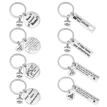 PandaHall Elite 8Pcs 8 Style 304 Stainless Steel Lettering Keychains, Teachers' Day Theme, with Word, Flat Round & House & Heart & Rectangle, Stainless Steel Color, 6~8cm, 1pc/style