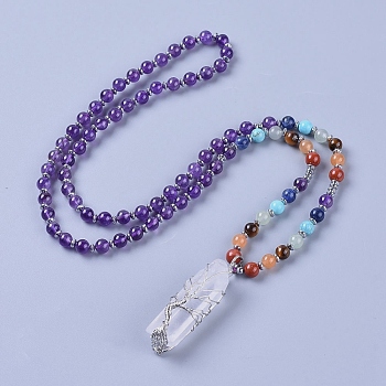 Natural Amethyst Pendant Necklace, with Quartz Crystal Pendant and Brass Findings, 28.3 inch(72cm), beads: 4~6.5mm, pendant: 57~63x13~17x14~16mm