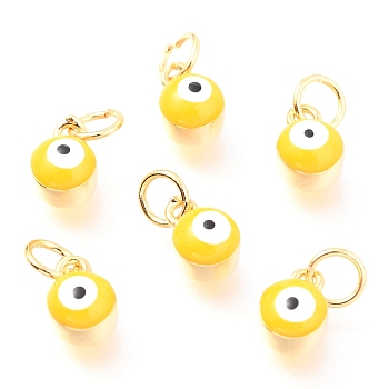 Brass Enamel Pendants, Long-Lasting Plated, Real 18K Gold Plated, with Jump Rings, Column with Evil Eye, Yellow, 8x5.5x4.5mm,Jump Ring: 5x0.6mm, 3mm inner diameter