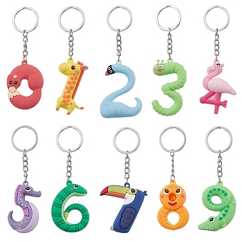 10Pcs 10 Styles Cartoon PVC Plastic Animal Pattern Number Pendant Keychain, with Iron Split Key Rings, Mixed Color, 10.5~11.5cm, 10 color, 1pc/color, 10pcs/set