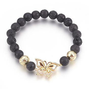Stretch Bracelets, with Long-Lasting Plated Electroplated Natural Lava Rock, Natural Lava Rock and Brass Cubic Zirconia Beads, Butterfly, Golden, 2-1/4 inch(5.6cm)