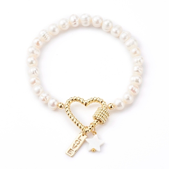 Brass Heart Link Bracelets for Valentine's Day, with Natural Pearl & Shell Beads, Rectangle with Word Love, Star, Golden, White, Golden, Inner Diameter: 2-1/4 inch(5.6cm)