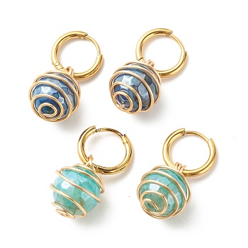 Round Natural Agate Beads Dangle Huggie Hoop Earrings, Spiral Wire Wrap Stone Beads Drop Earrings for Women, Golden, Steel Blue, 30mm, Pin: 1mm