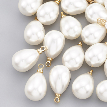 ABS Plastic Imitation Pearl Pendants, with Brass Findings, teardrop, Real 18K Gold Plated, 13x8x8mm, Hole: 1.6mm