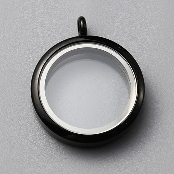 304 Stainless Steel Locket Pendants, with Glass, DIY Accessories for Jewelry Pendant Making, Flat Round Charm, Electrophoresis Black, 36x29.5x7mm, Hole: 5mm