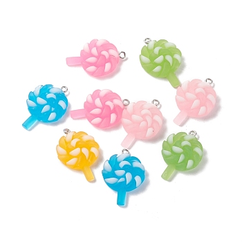Frosted Luminous Resin Pendants, with Platinum Tone Iron Loops, Round Lollipop Charms, Mixed Color, 30x21x6.5mm, Hole: 2mm