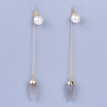 Natural Agate Ear Threads, with Brass Stud Earring Findings and Acrylic Imitation Pearl Ear Nuts, Real 18K Gold Plated, 108~111mm(not included Ear Nuts), Pin: 0.8mm
