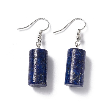 Natural Lapis Lazuli Cylindrical Dangle Earrings, Platinum Brass Jewelry for Women, 42mm, Pin: 0.7mm