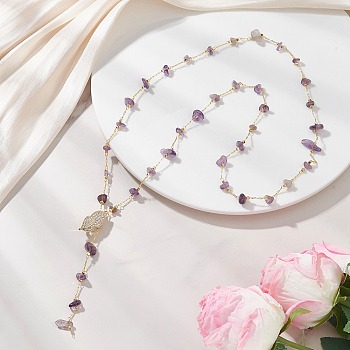 Natural Amethyst Chip Handmade Link Chain Necklaces, Brass Micro Pave Clear Leaf Lariat Necklaces for Women, Golden, 29.76 inch(75.6cm)