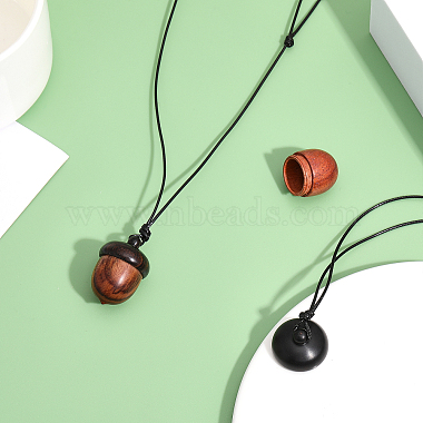 2Pcs 2 Colors Acorn Wood Locket Pendant Necklace with Wax Cords(NJEW-CA0001-13)-4