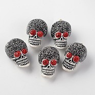 Skull Resin Pendants, with Polymer Clay Rhinestone and Golden Tone Brass Findings, White, 48~51x28~30x25~30mm, Hole: 2mm(BRES-K001-01)