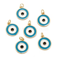 Brass Enamel Pendants, Long-Lasting Plated, Real 18K Gold Plated, Flat Round with Eye, Dark Cyan, 14x11.5x1.5mm, Hole: 2.6mm(KK-P204-12G-A)