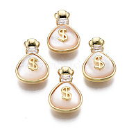 Brass Micro Pave Clear Cubic Zirconia Charms, with Natural Shell, Nickel Free, Purse, Real 18K Gold Plated, 14.5x10x5mm, Hole: 1.5x1mm(KK-S356-419-NF)