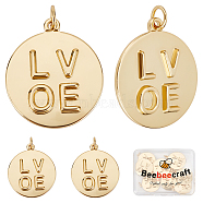 8Pcs Valentine Theme Brass Pendants, Long-Lasting Plated, Real 18K Gold Plated, Flat Round and Word LOVE, Real 18K Gold Plated, 23x20x2.4mm, Hole: 3.1mm(KK-BBC0002-57)