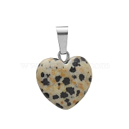 Natural Dalmatian Jasper Charms, with Silver Tone Metal Findings, Heart, 16x6mm(HEAR-PW0001-057-04)