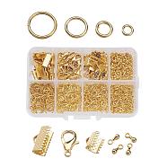 1Box Jewelry Findings 20PCS Alloy Lobster Claw Clasps, 45PCS Iron Ribbon Ends, 40g Brass Jump Rings, 10g Alloy Teardrop End Pieces, Golden, Lobster Clasps: 14x8mm, Hole: 1.8mm, Ribbon Ends: 8~13x6~7x5mm, Hole: 2mm, Jump Rings: 4~10mm, End Piece: 7x2.5mm, Hole: 1.5mm(FIND-X0001-G-B)